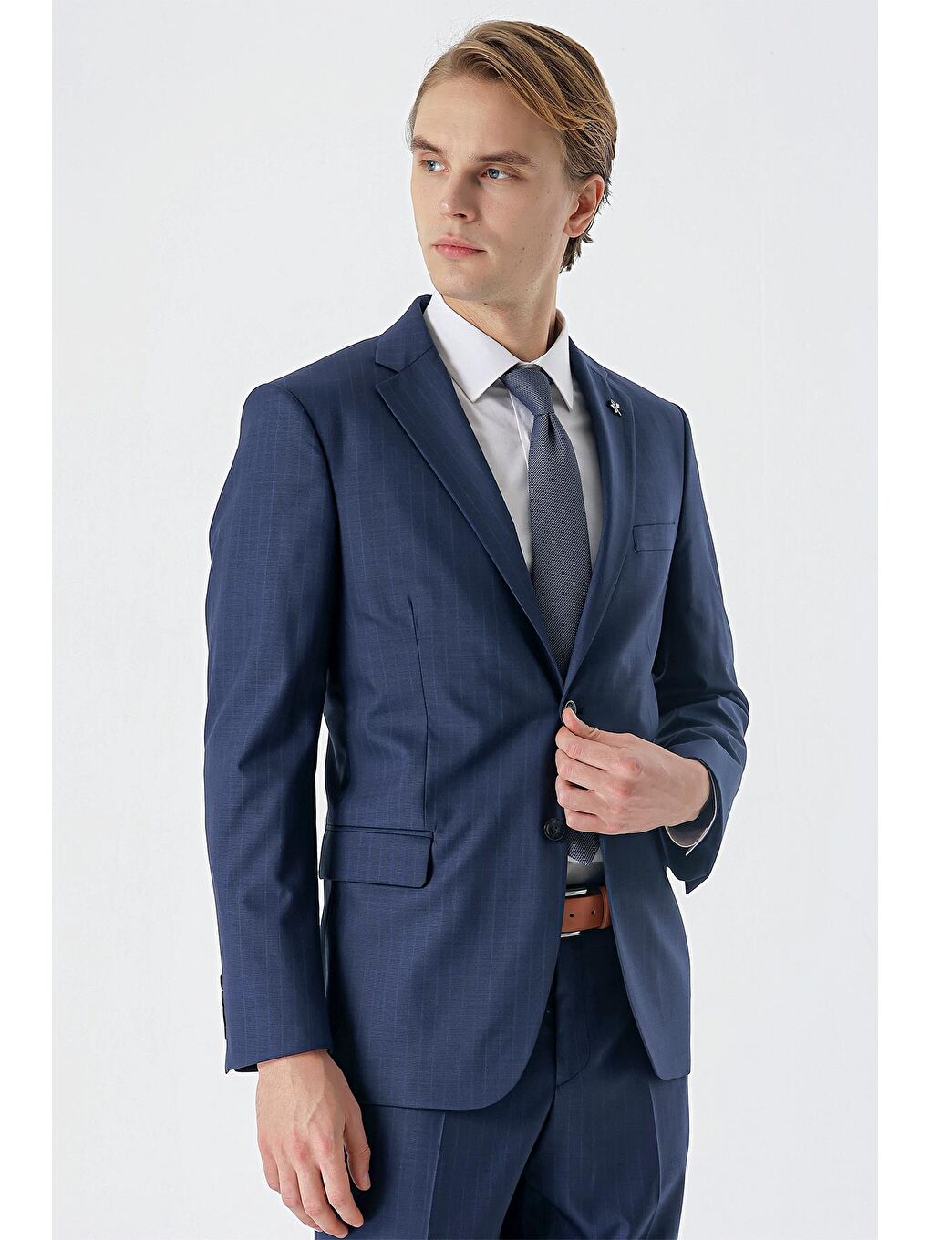 Lacivert Çizgili Mono Yaka Yünlü Elastanlı 6 Drop Comfort Rahat Kesim Klasik Takım Elbise 1001235169-2