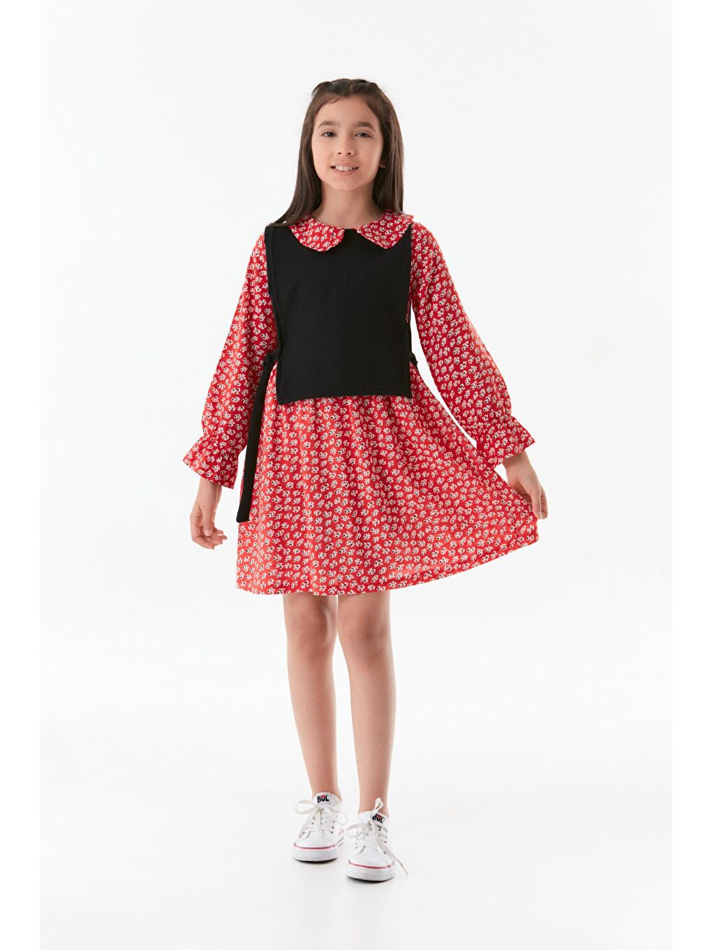 Kırmızı Çiçek Baskılı Bolerolu Kız Çocuk Elbise-3