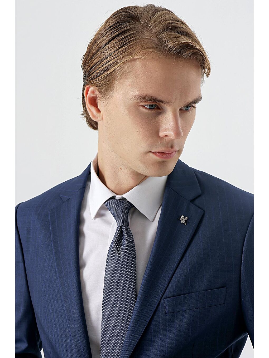 Lacivert Çizgili Mono Yaka Yünlü Elastanlı 6 Drop Comfort Rahat Kesim Klasik Takım Elbise 1001235169-3