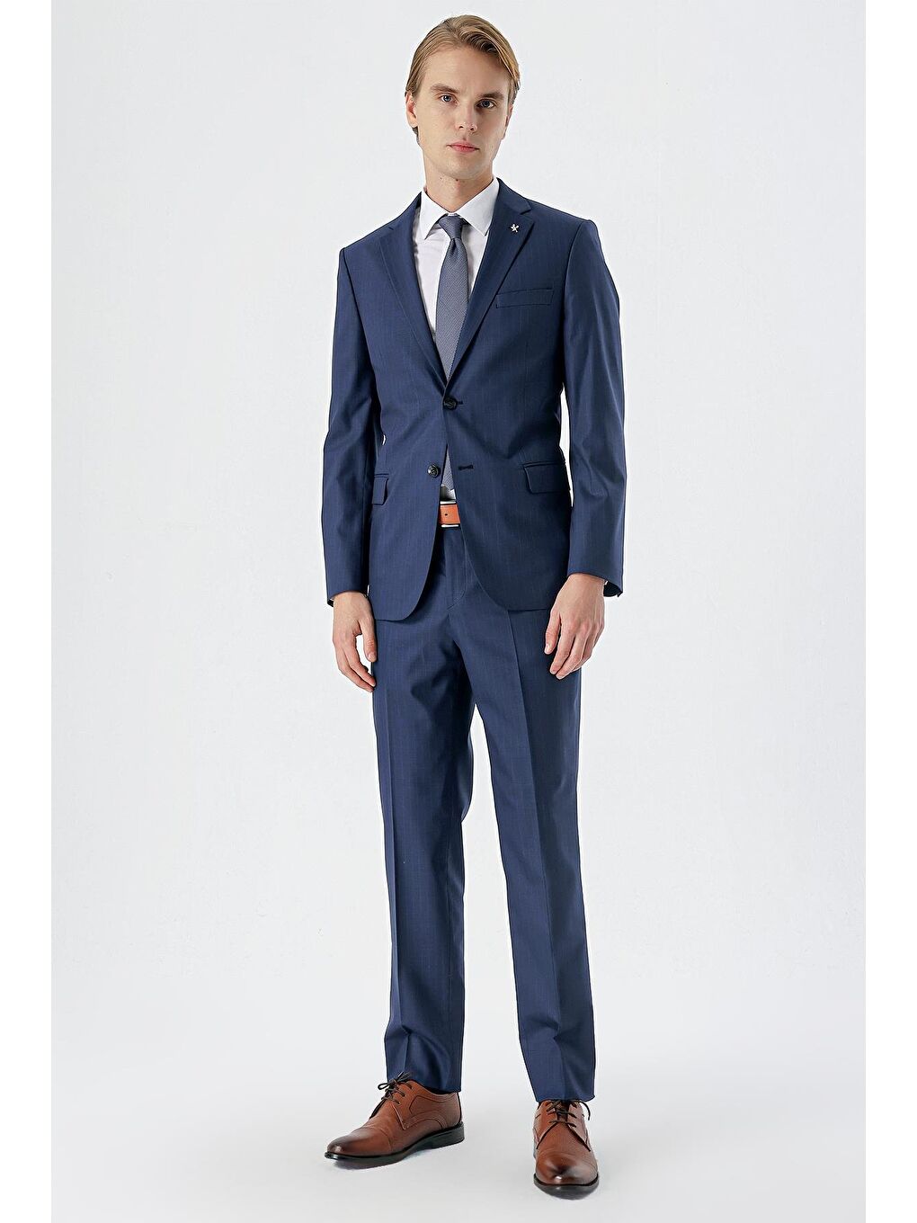 Lacivert Çizgili Mono Yaka Yünlü Elastanlı 6 Drop Comfort Rahat Kesim Klasik Takım Elbise 1001235169-6