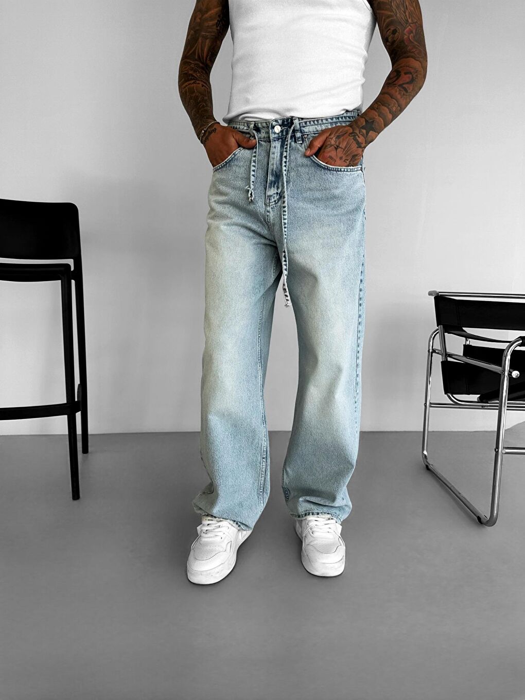 ablukaonline Erkek Super Baggy Kemerli Pantolon Jean Mavi - 1