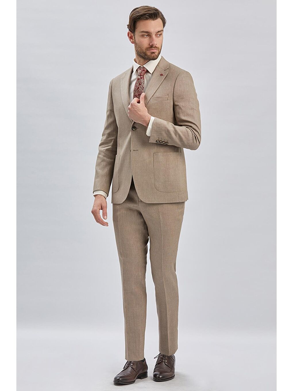 İMZA Bej Armürlü Mono Yaka Keten Karışımlı 6 Drop Slim Fit Dar Kesim Casual Takım Elbise 1001240169