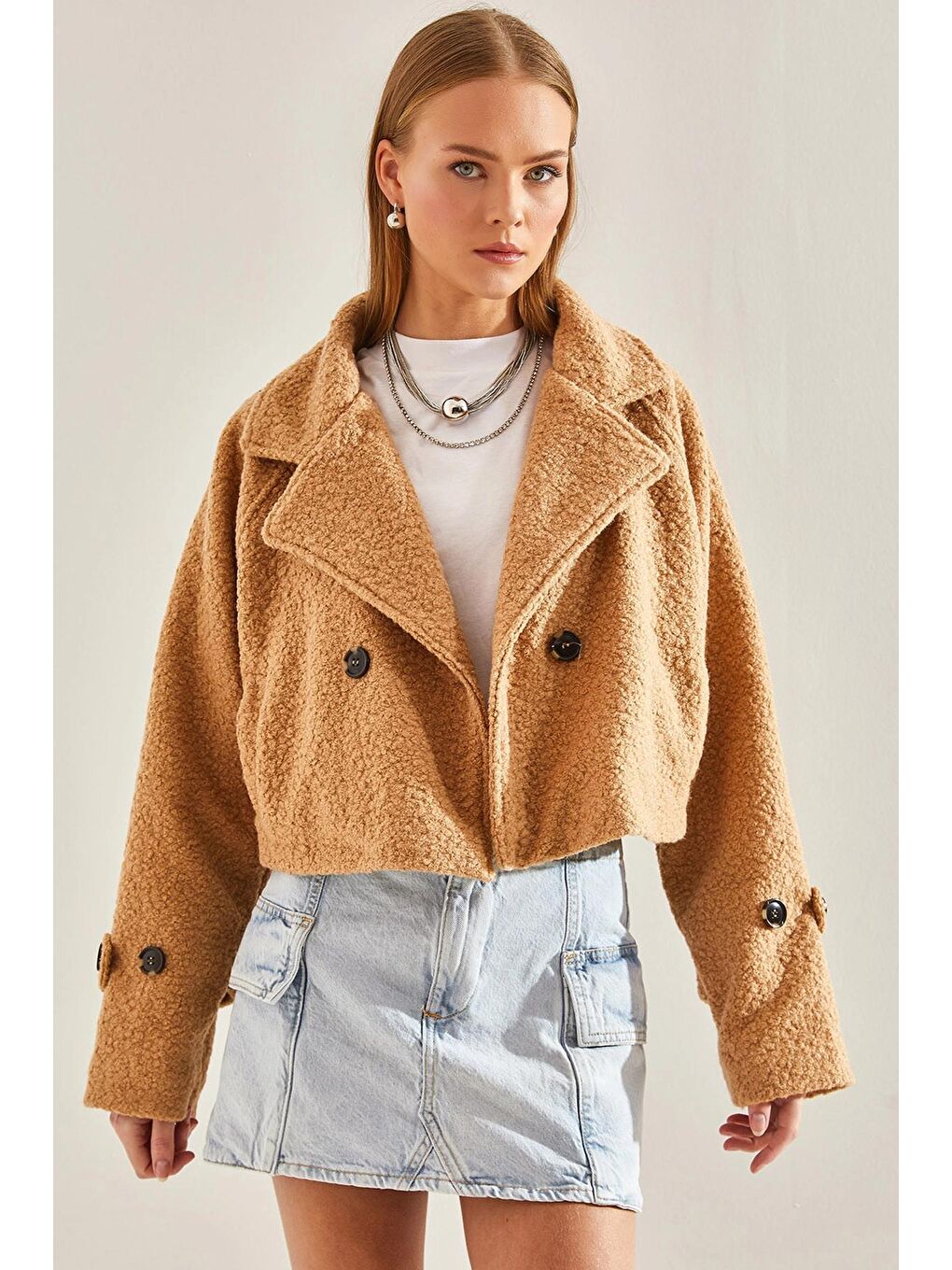 Bej Kadın Kısa Kruvaze Buklet Ceket 2387 60101001