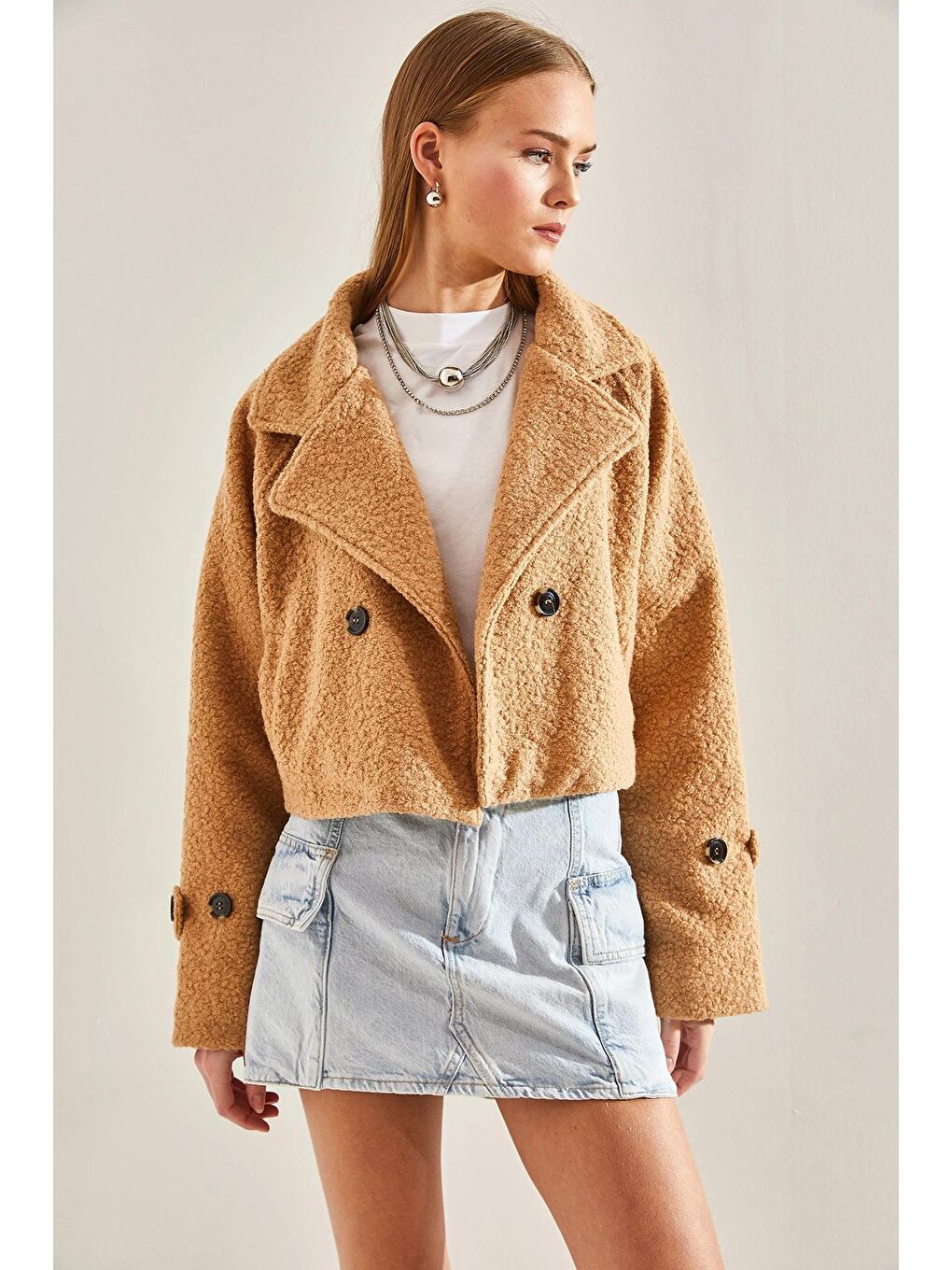 Bej Kadın Kısa Kruvaze Buklet Ceket 2387 60101001-2