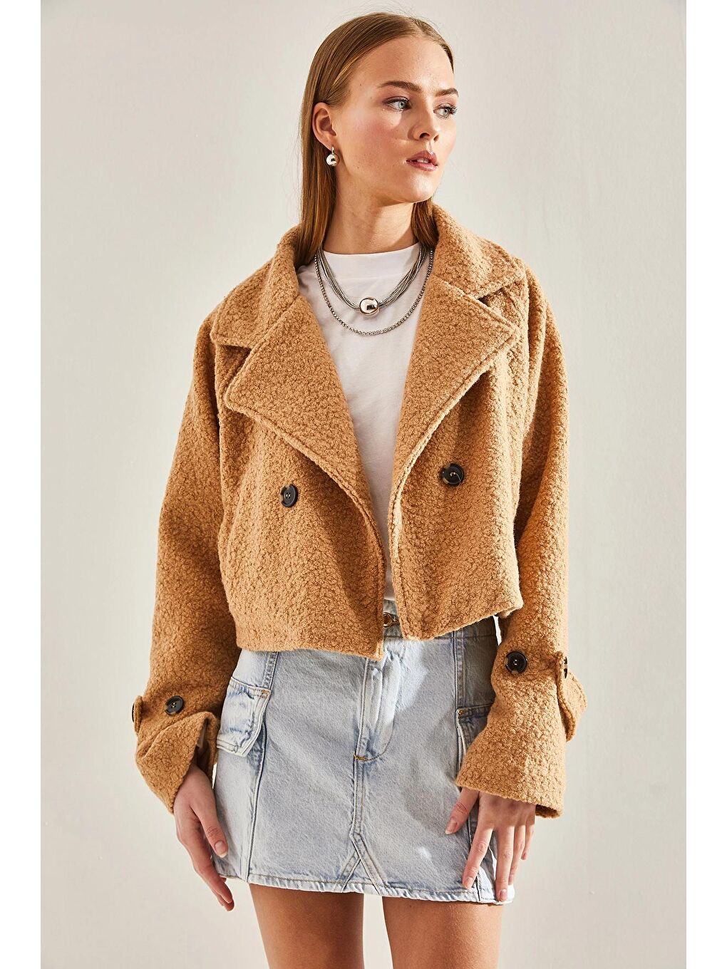 Bej Kadın Kısa Kruvaze Buklet Ceket 2387 60101001-3