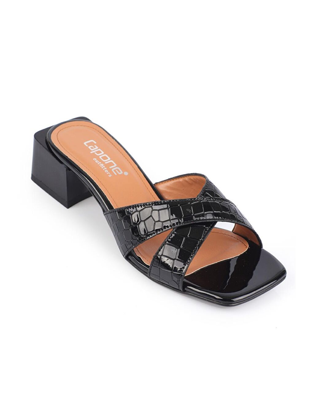 Siyah Cristina Küçük Kroko Desenli Çapraz Bantlı Orta Topuklu Kadın Terlik