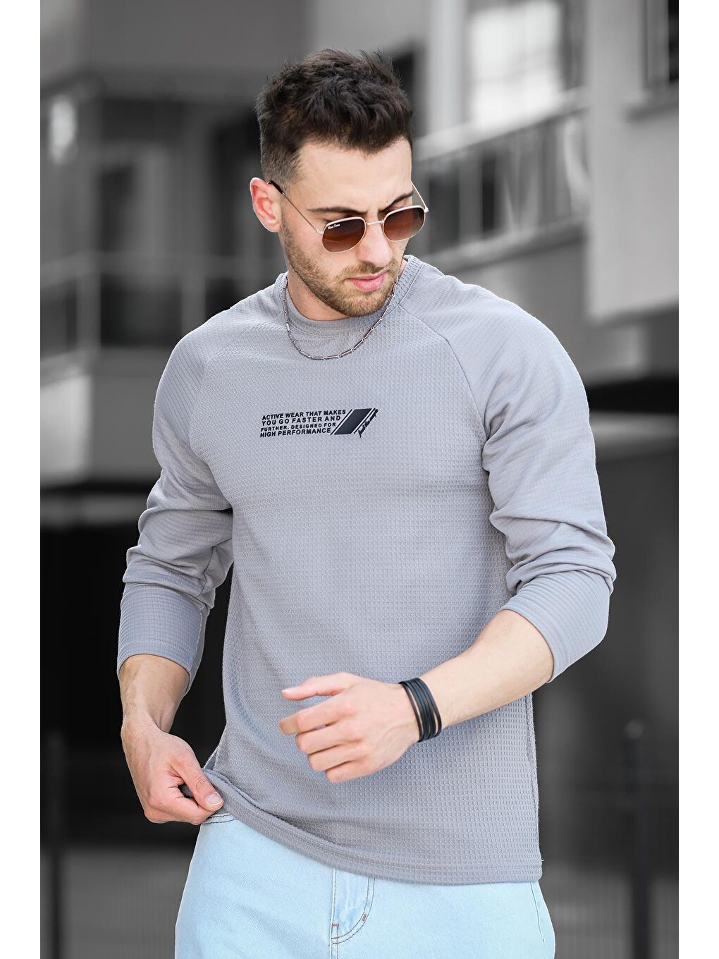 Antrasit Baskılı Reglan Kol Slim Fit Likralı Sıfır Yaka Erkek Sweatshirt