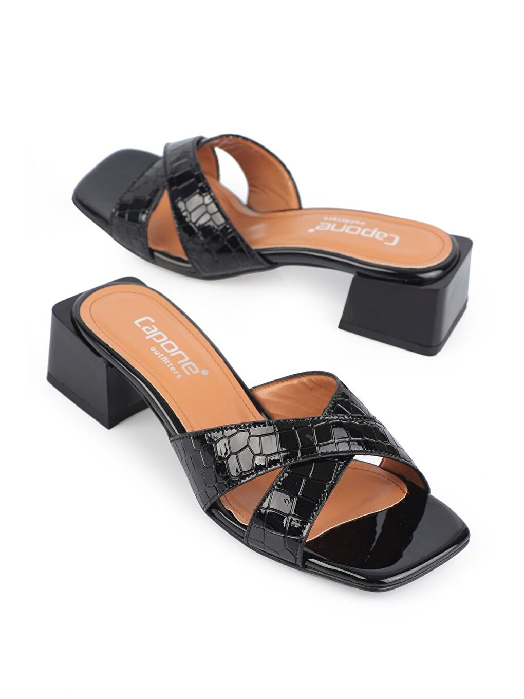Siyah Cristina Küçük Kroko Desenli Çapraz Bantlı Orta Topuklu Kadın Terlik-3
