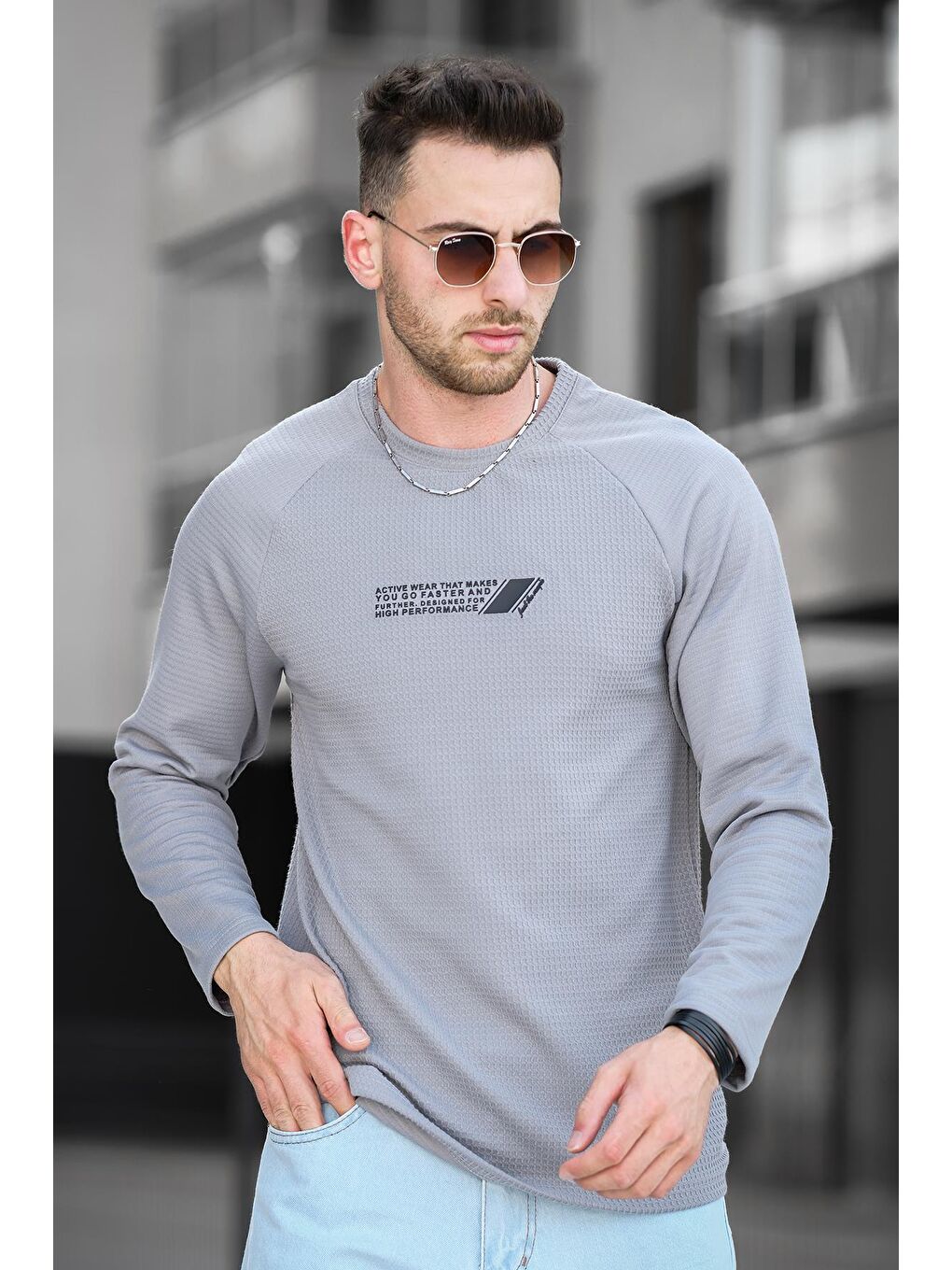 Antrasit Baskılı Reglan Kol Slim Fit Likralı Sıfır Yaka Erkek Sweatshirt-2