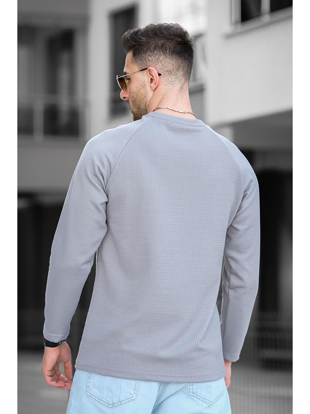 Antrasit Baskılı Reglan Kol Slim Fit Likralı Sıfır Yaka Erkek Sweatshirt-3