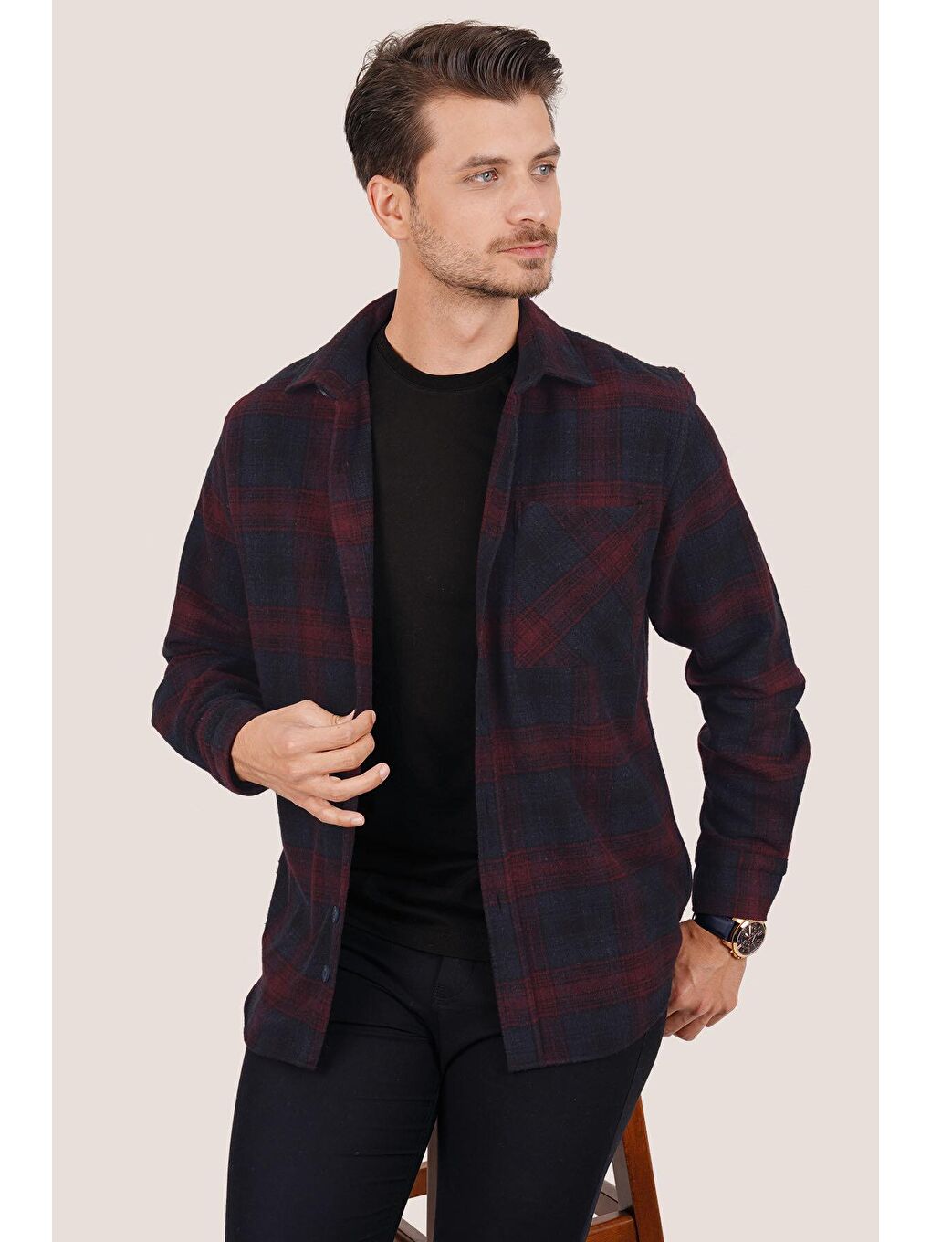 Lacivert Bordo Geçişli Kalın Oversize ( Geniş Kalıp ) Oduncu Gömlek-2