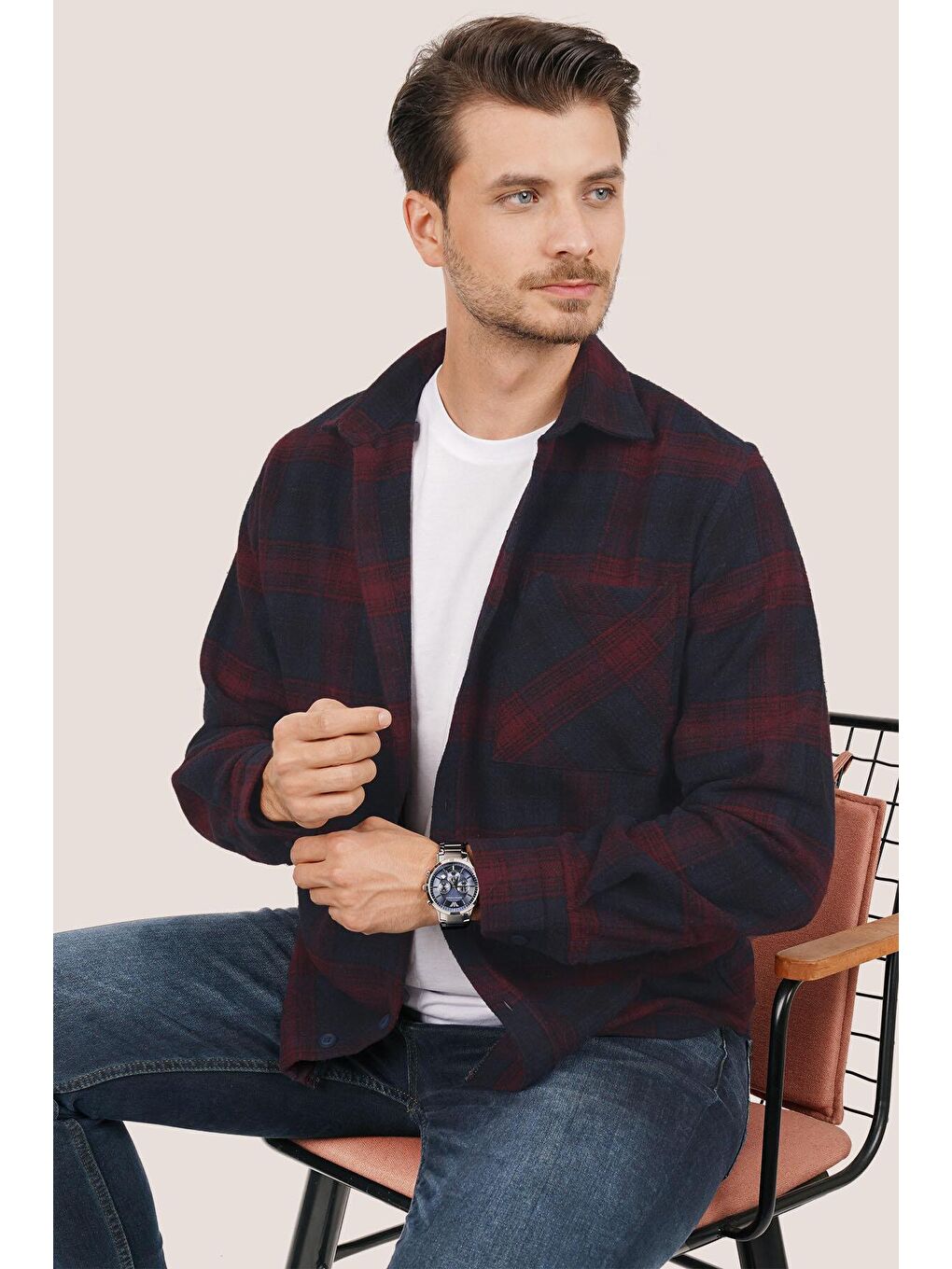 Lacivert Bordo Geçişli Kalın Oversize ( Geniş Kalıp ) Oduncu Gömlek-4