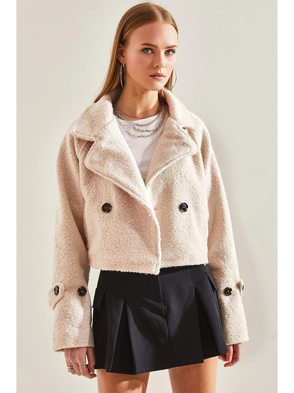 Bej Kadın Kısa Kruvaze Buklet Ceket 2387 60101001