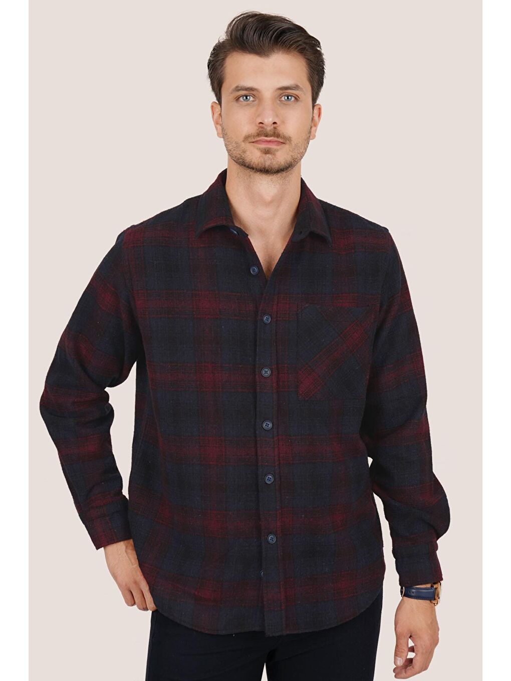 Lacivert Bordo Geçişli Kalın Oversize ( Geniş Kalıp ) Oduncu Gömlek-1