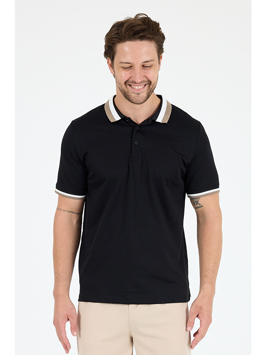 Siyah Erkek Amerikan Stil Polo Yaka Tişört , Yazlık Spor Tişört 5030-2