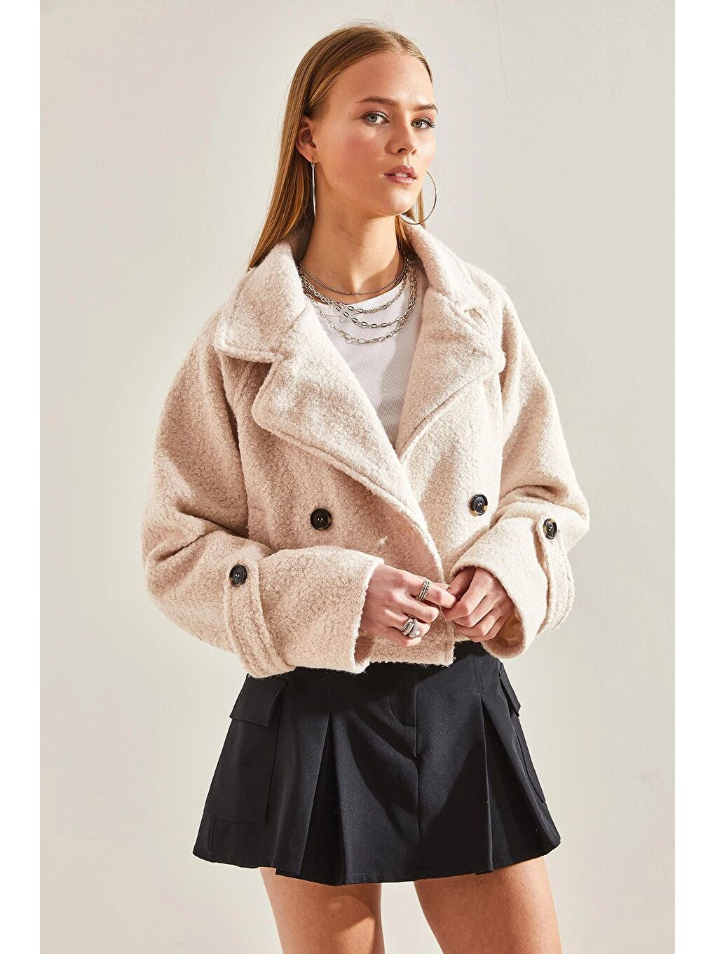 Bej Kadın Kısa Kruvaze Buklet Ceket 2387 60101001-1