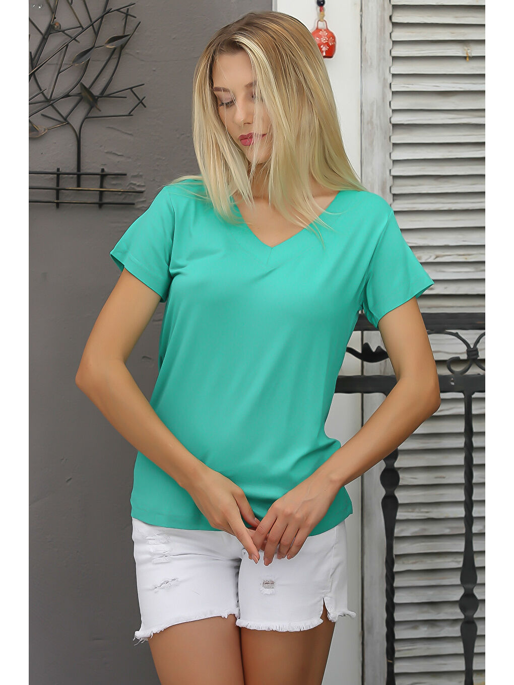 Açık Yeşil V Yaka Kısa Kol Düz Renk Örme Tişört-6