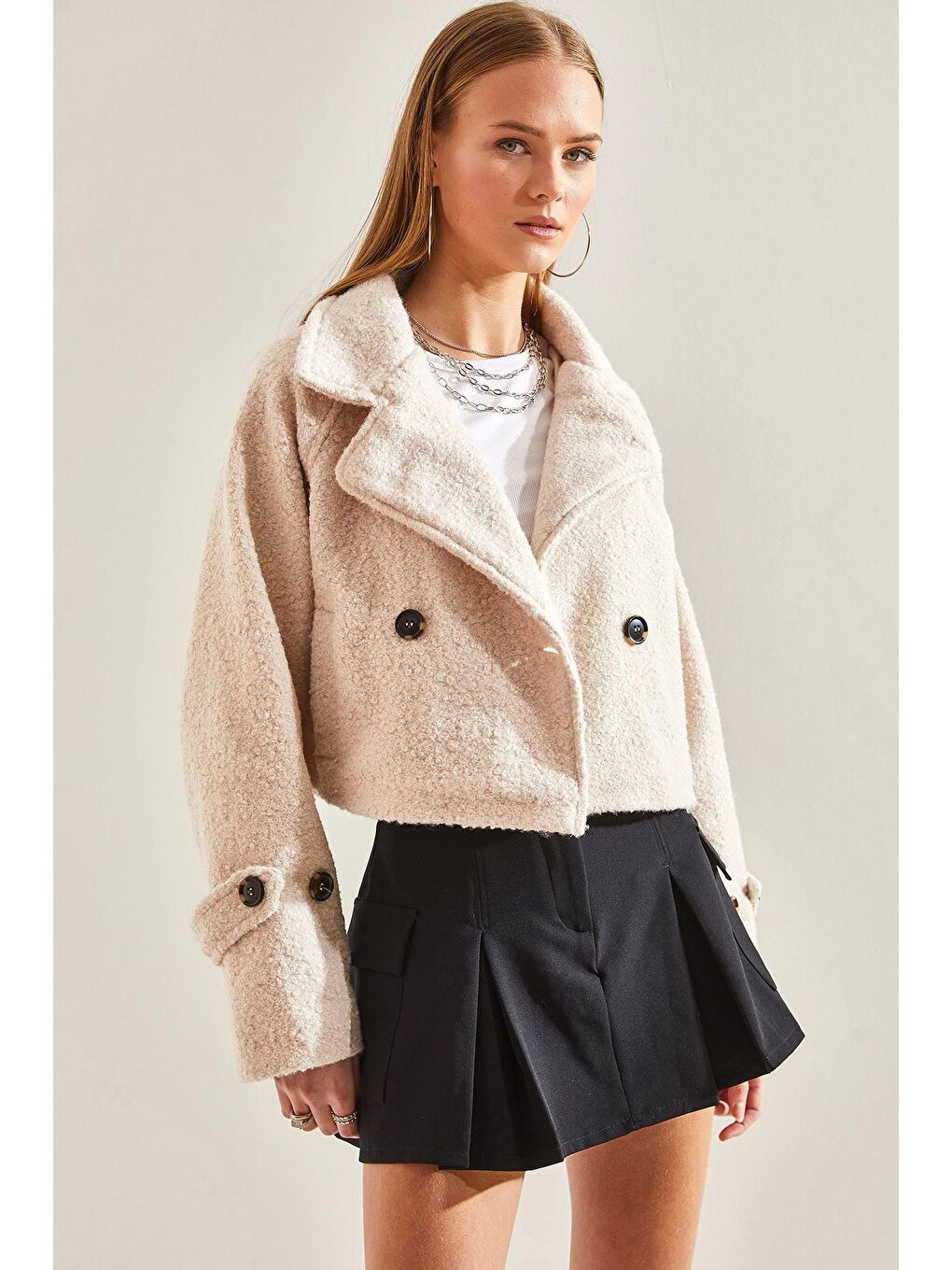 Bej Kadın Kısa Kruvaze Buklet Ceket 2387 60101001-2