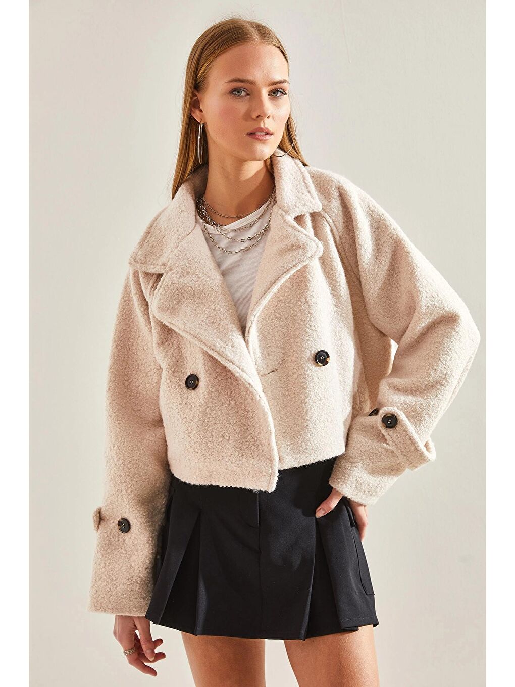 Bej Kadın Kısa Kruvaze Buklet Ceket 2387 60101001-3