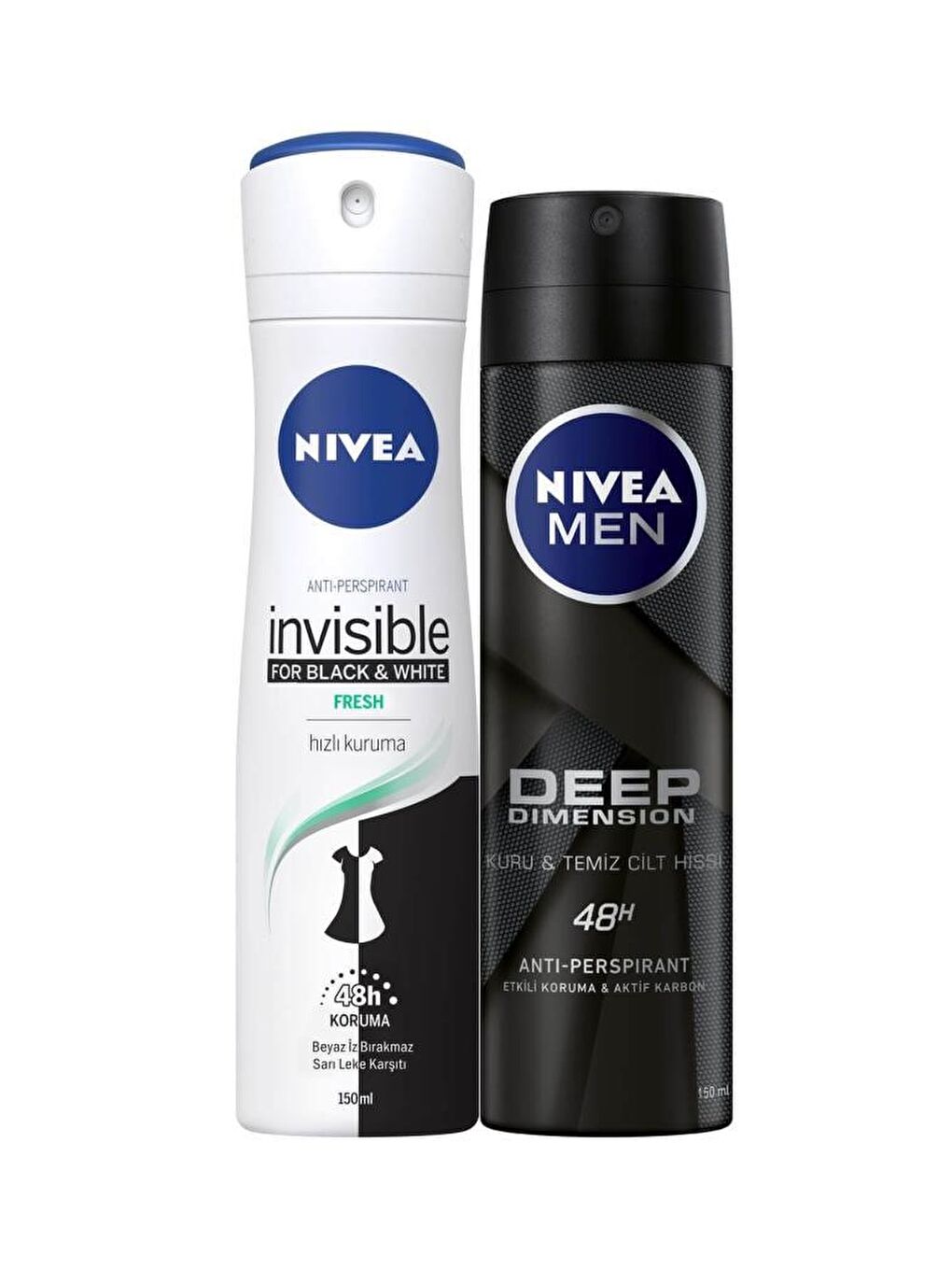 NIVEA Şeffaf Black & White Fresh Kadın Deodorant Sprey 150 ml Deep Dimension Erkek Deodorant Sprey 150 ml