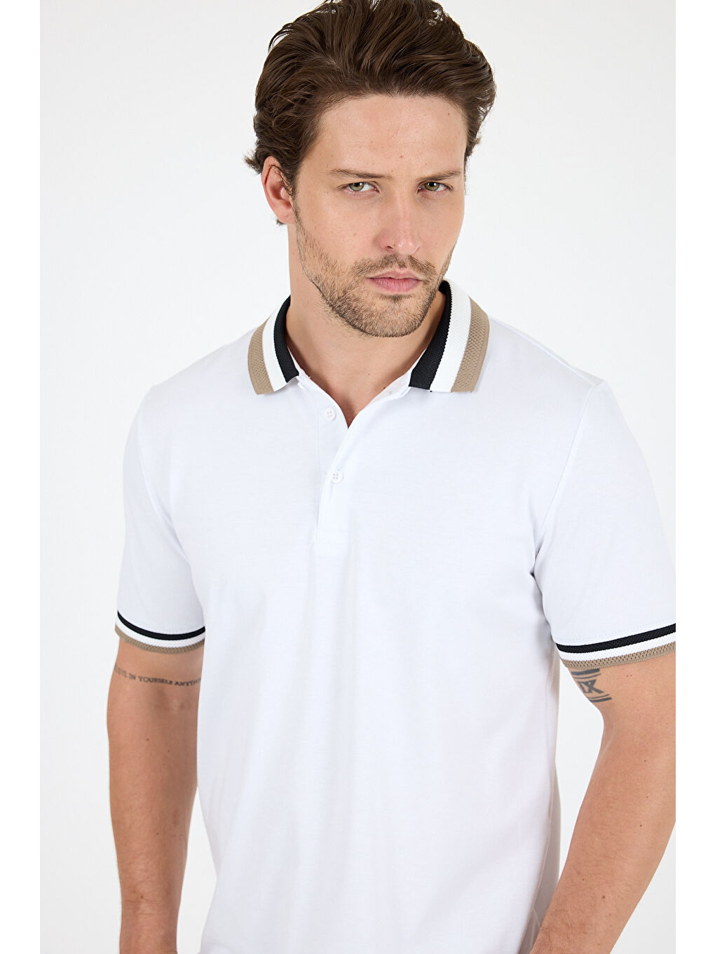 Beyaz Erkek Amerikan Stil Polo Yaka Tişört , Yazlık Spor Tişört 5030-1