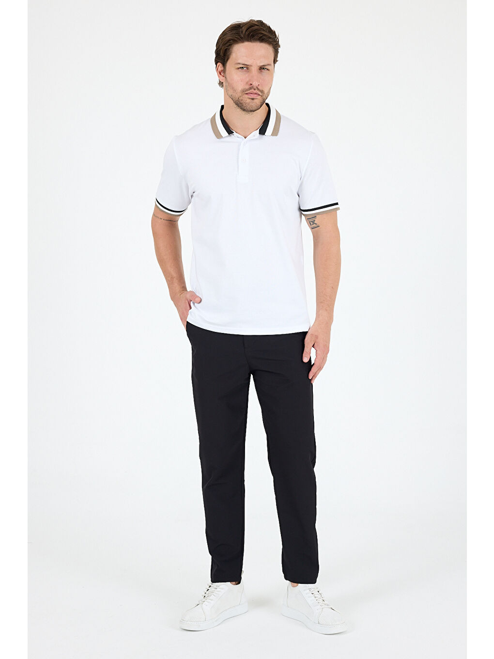 Beyaz Erkek Amerikan Stil Polo Yaka Tişört , Yazlık Spor Tişört 5030-2