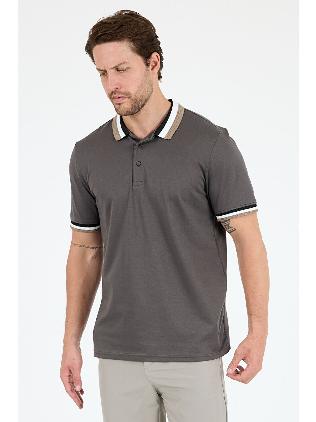 Antrasit Erkek Amerikan Stil Polo Yaka Tişört , Yazlık Spor Tişört 5030-1