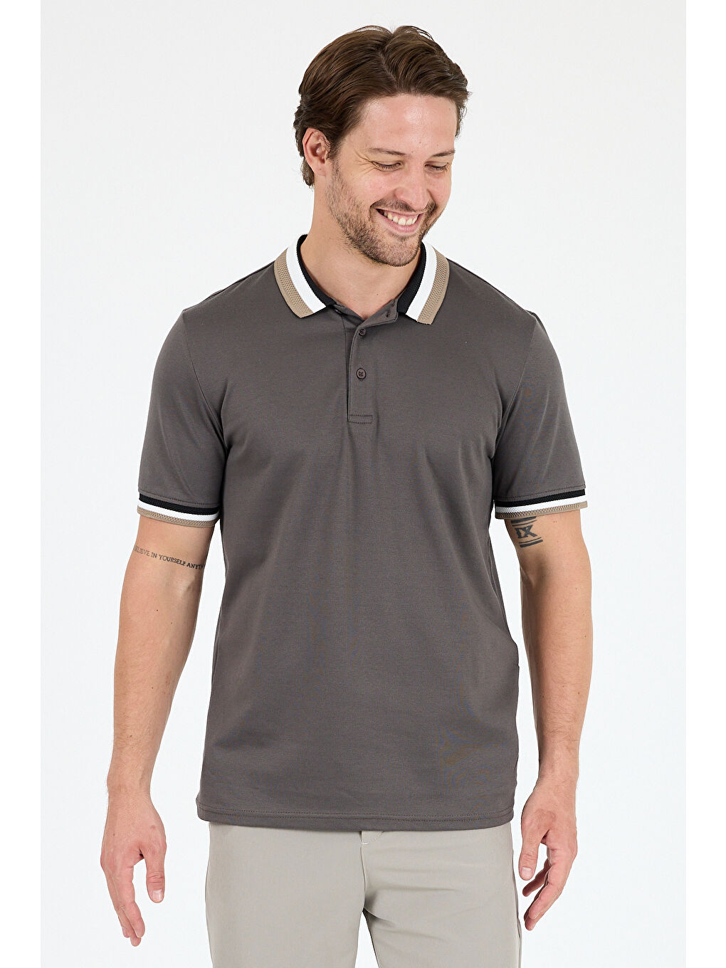 Antrasit Erkek Amerikan Stil Polo Yaka Tişört , Yazlık Spor Tişört 5030-2