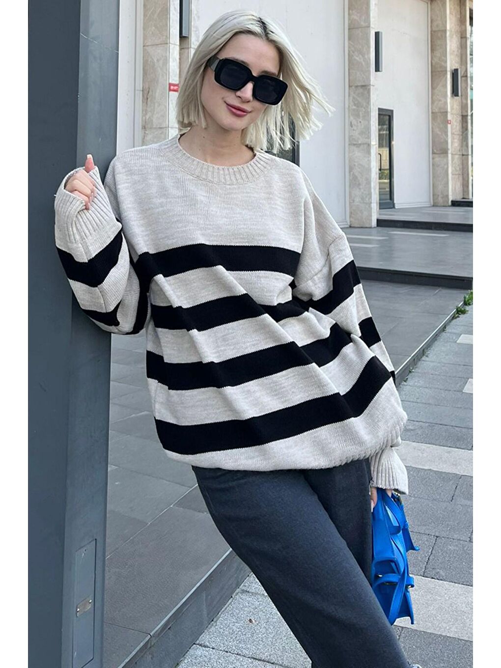 Bej Overfit Çizgili Marin Kazak MG1569