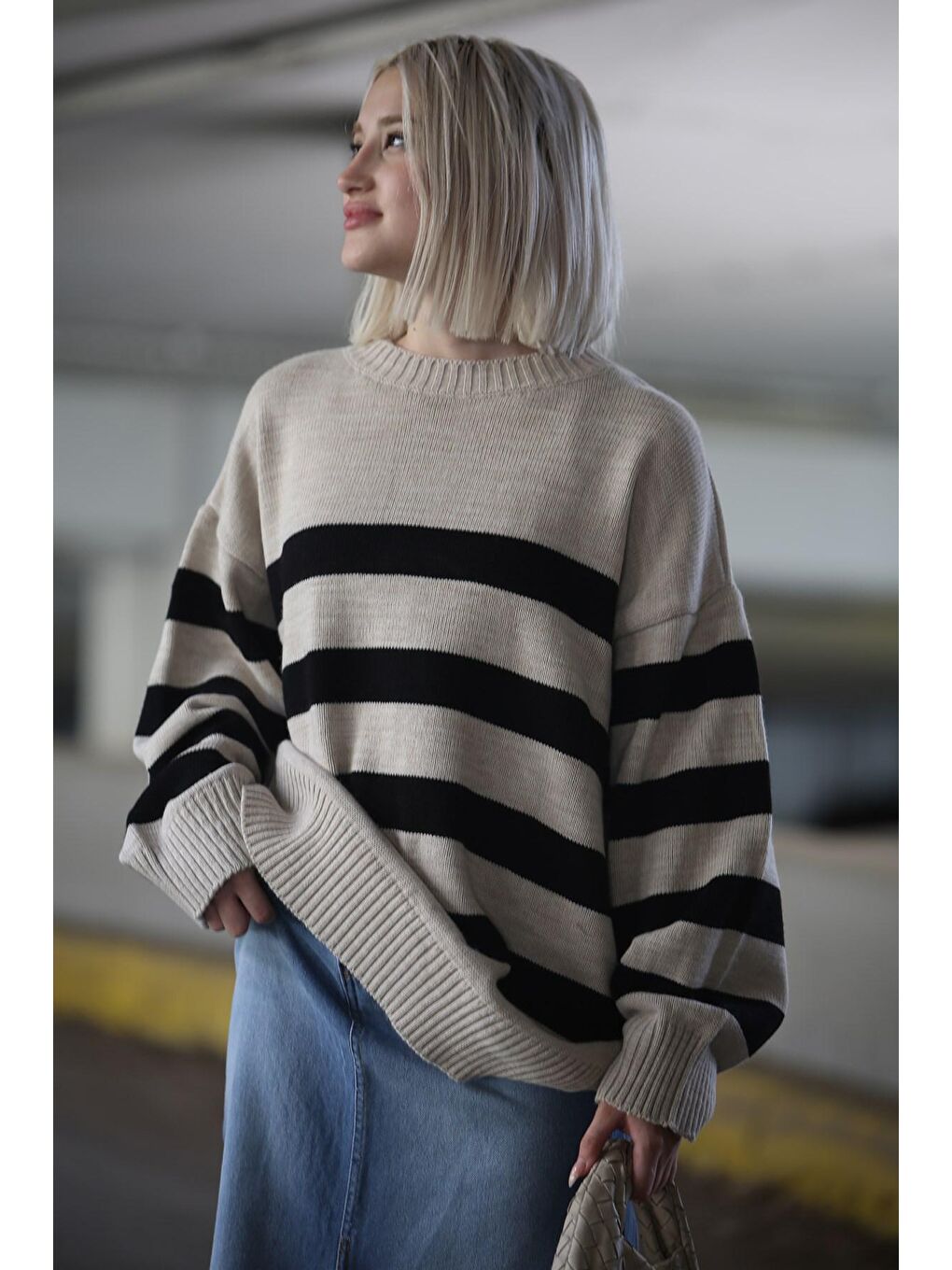 Bej Overfit Çizgili Marin Kazak MG1569-1