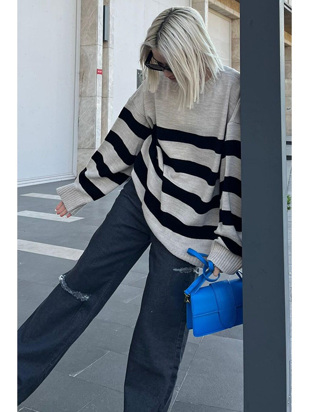 Bej Overfit Çizgili Marin Kazak MG1569-2