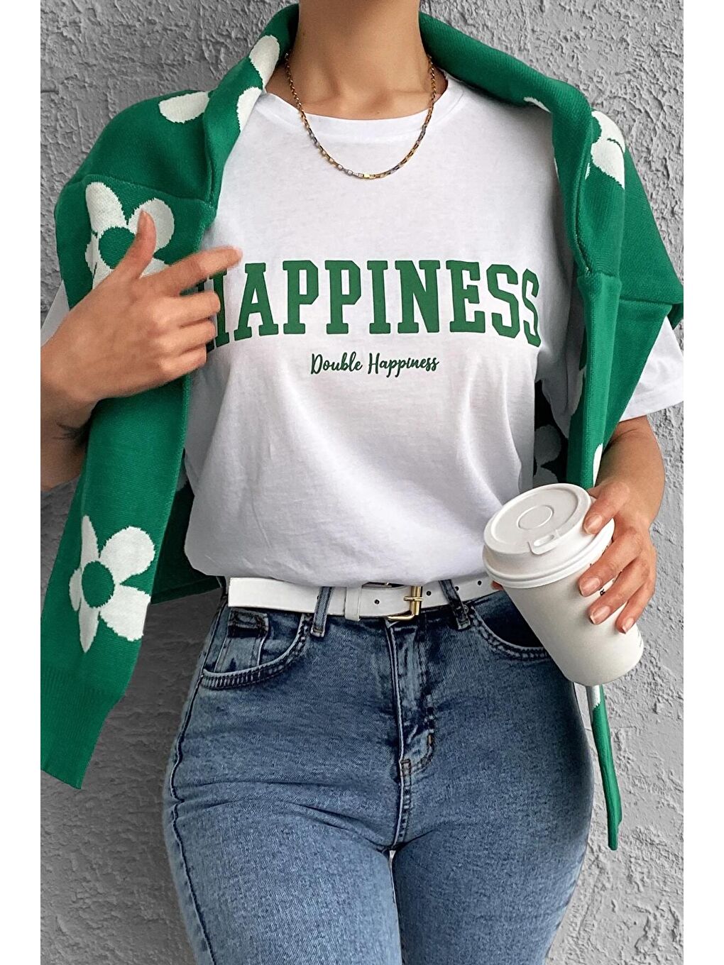 uyguntarz Beyaz Unisex Happiness Baskılı Tasarım Tshirt