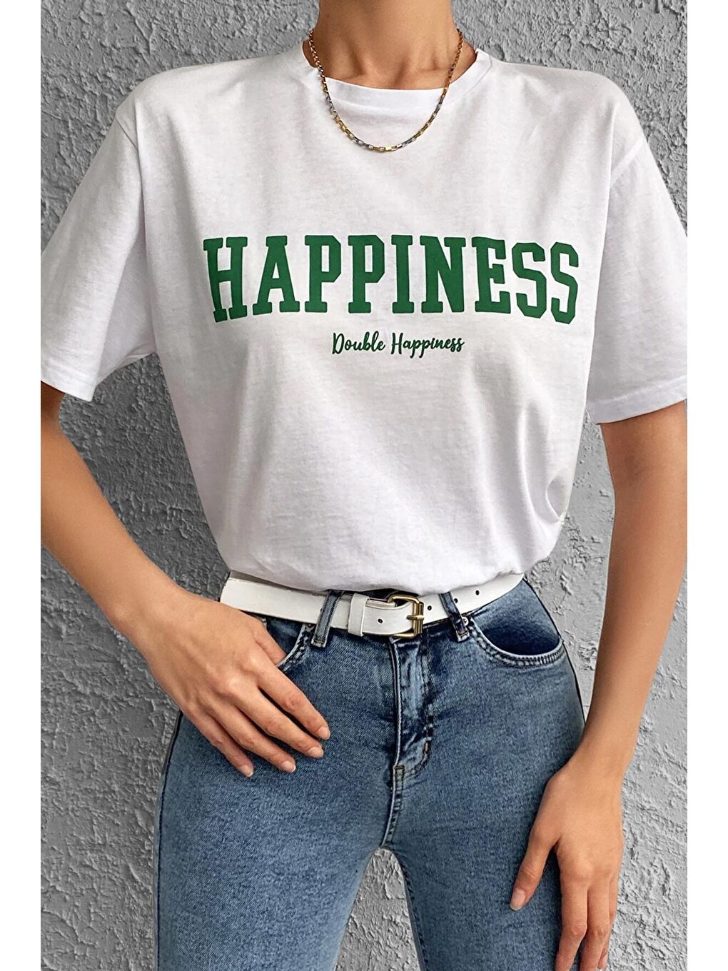 uyguntarz Beyaz Unisex Happiness Baskılı Tasarım Tshirt - 1