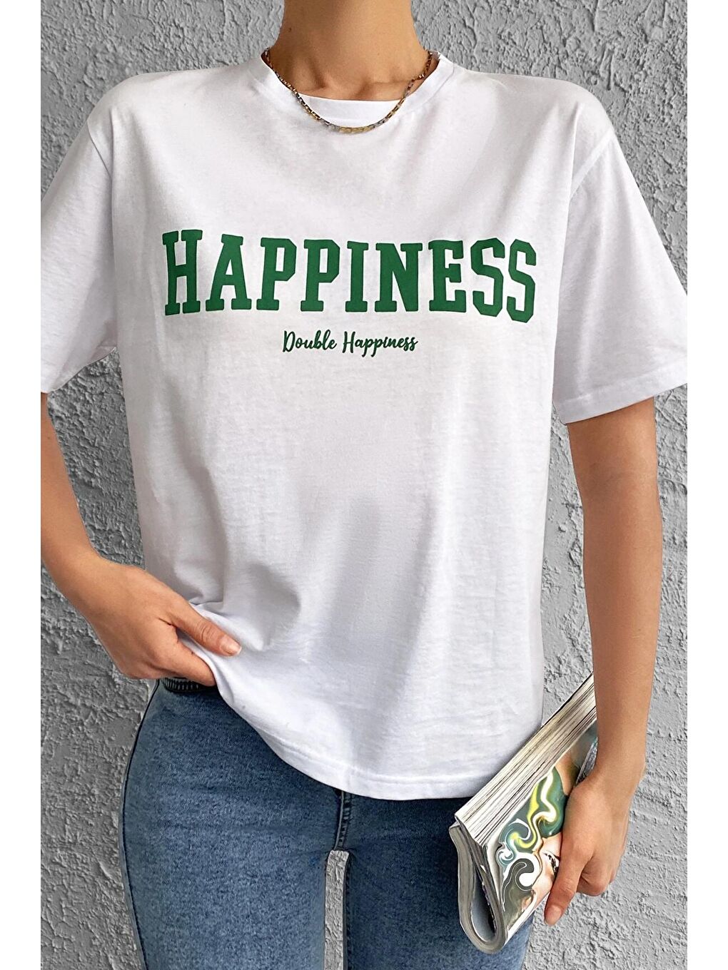 uyguntarz Beyaz Unisex Happiness Baskılı Tasarım Tshirt - 2