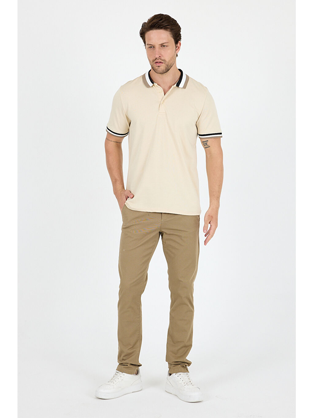 Bej Erkek Amerikan Stil Polo Yaka Tişört , Yazlık Spor Tişört 5030