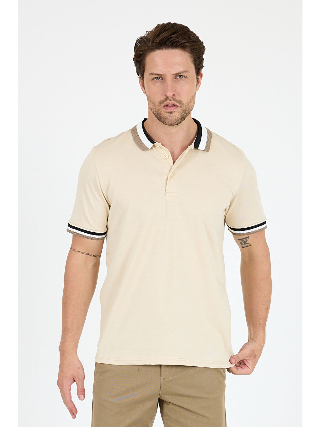 Bej Erkek Amerikan Stil Polo Yaka Tişört , Yazlık Spor Tişört 5030-1