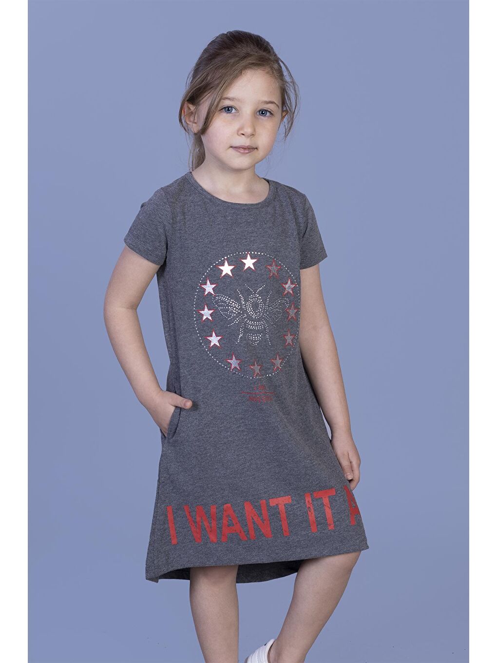 Toontoykids Antrasit Kız Çocuk  I Want It All Baskılı Elbise