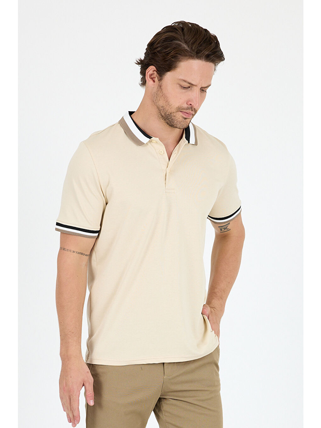 Bej Erkek Amerikan Stil Polo Yaka Tişört , Yazlık Spor Tişört 5030-2