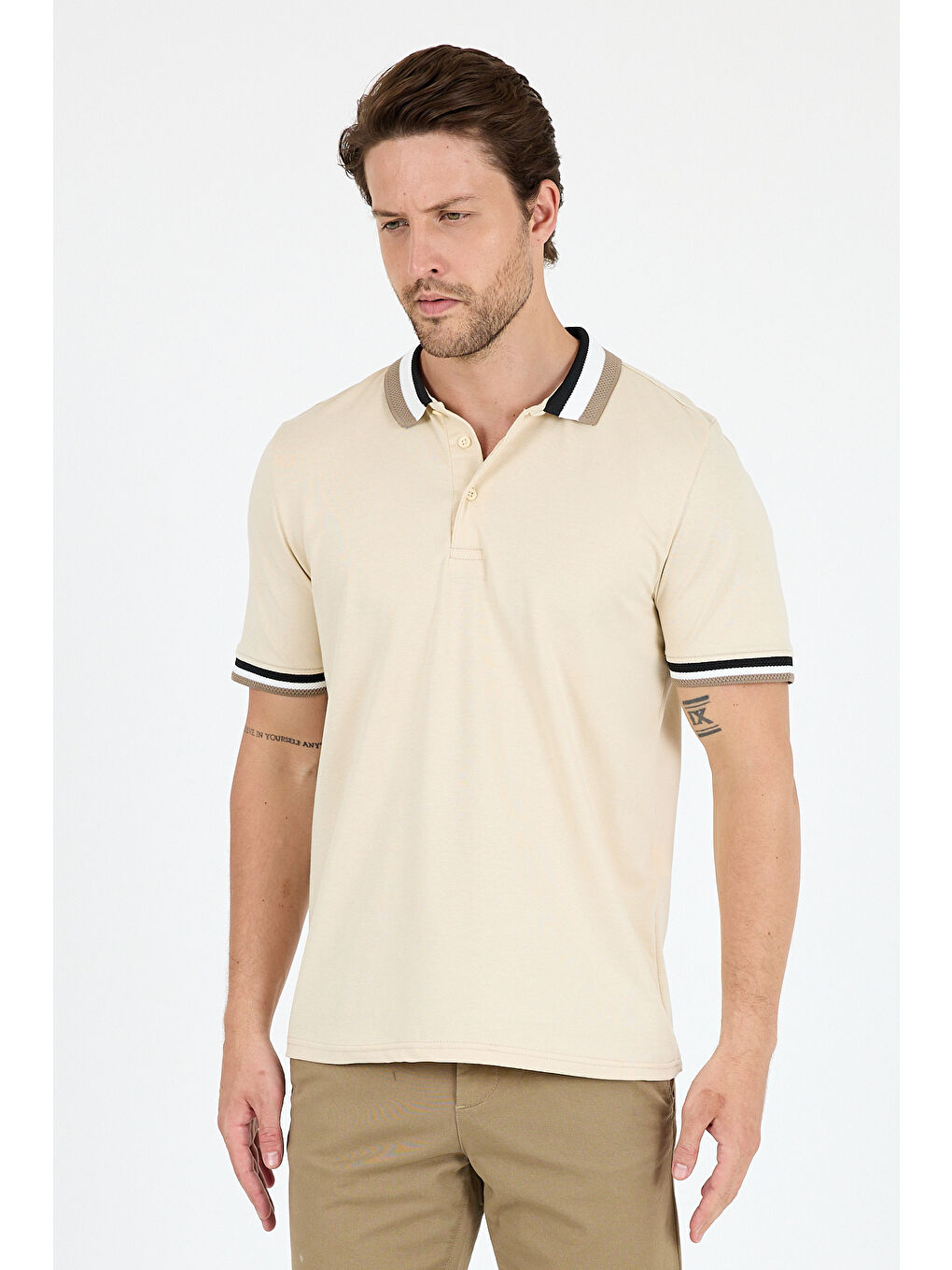 Bej Erkek Amerikan Stil Polo Yaka Tişört , Yazlık Spor Tişört 5030-3