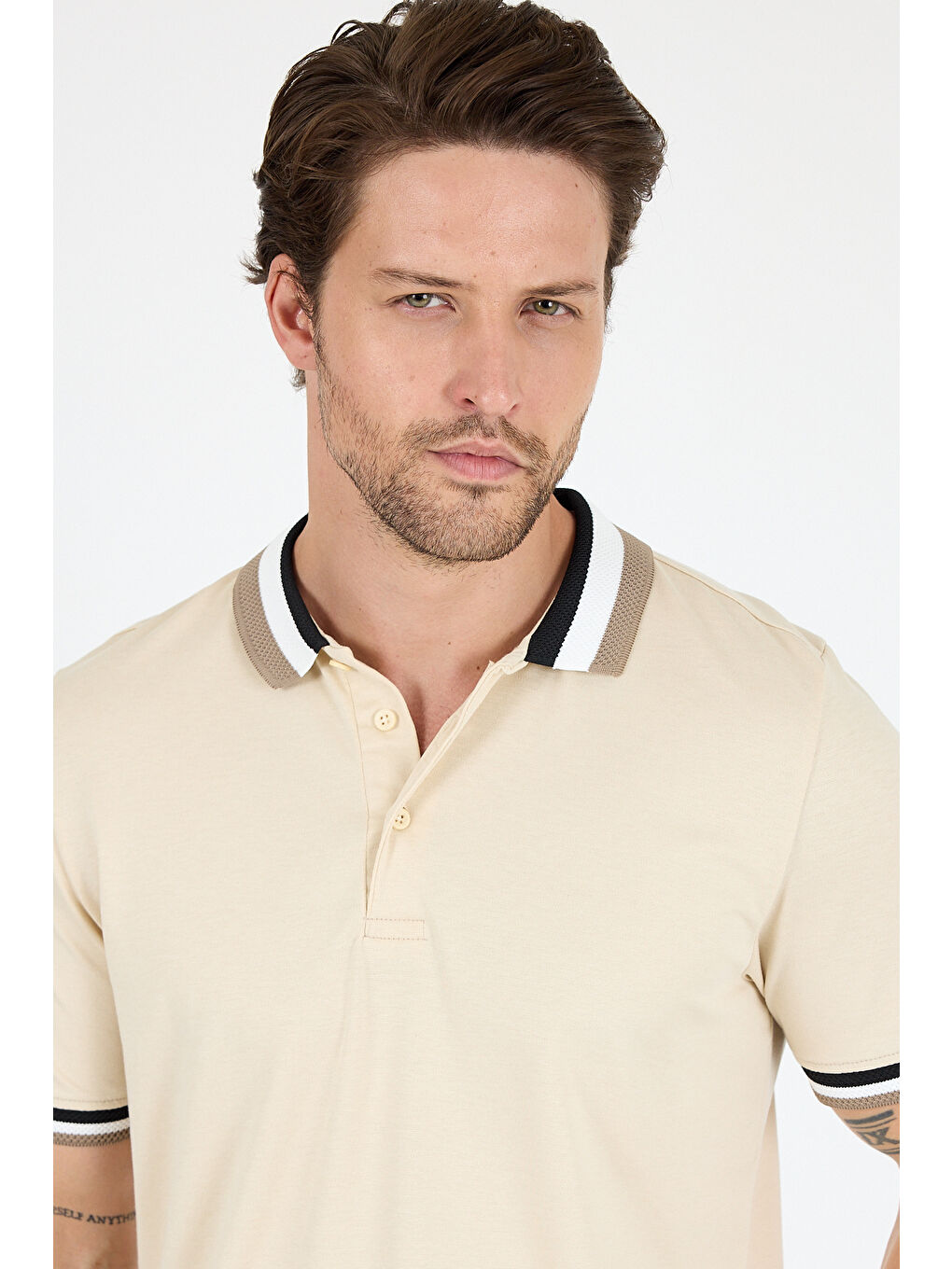 Bej Erkek Amerikan Stil Polo Yaka Tişört , Yazlık Spor Tişört 5030-4