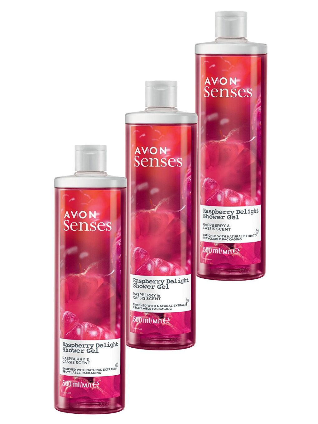 AVON Renksiz Senses Rapsberry Delight Frambuaz ve Frenk Üzümü Kokulu Duş Jeli 500 Ml. Üçlü Set