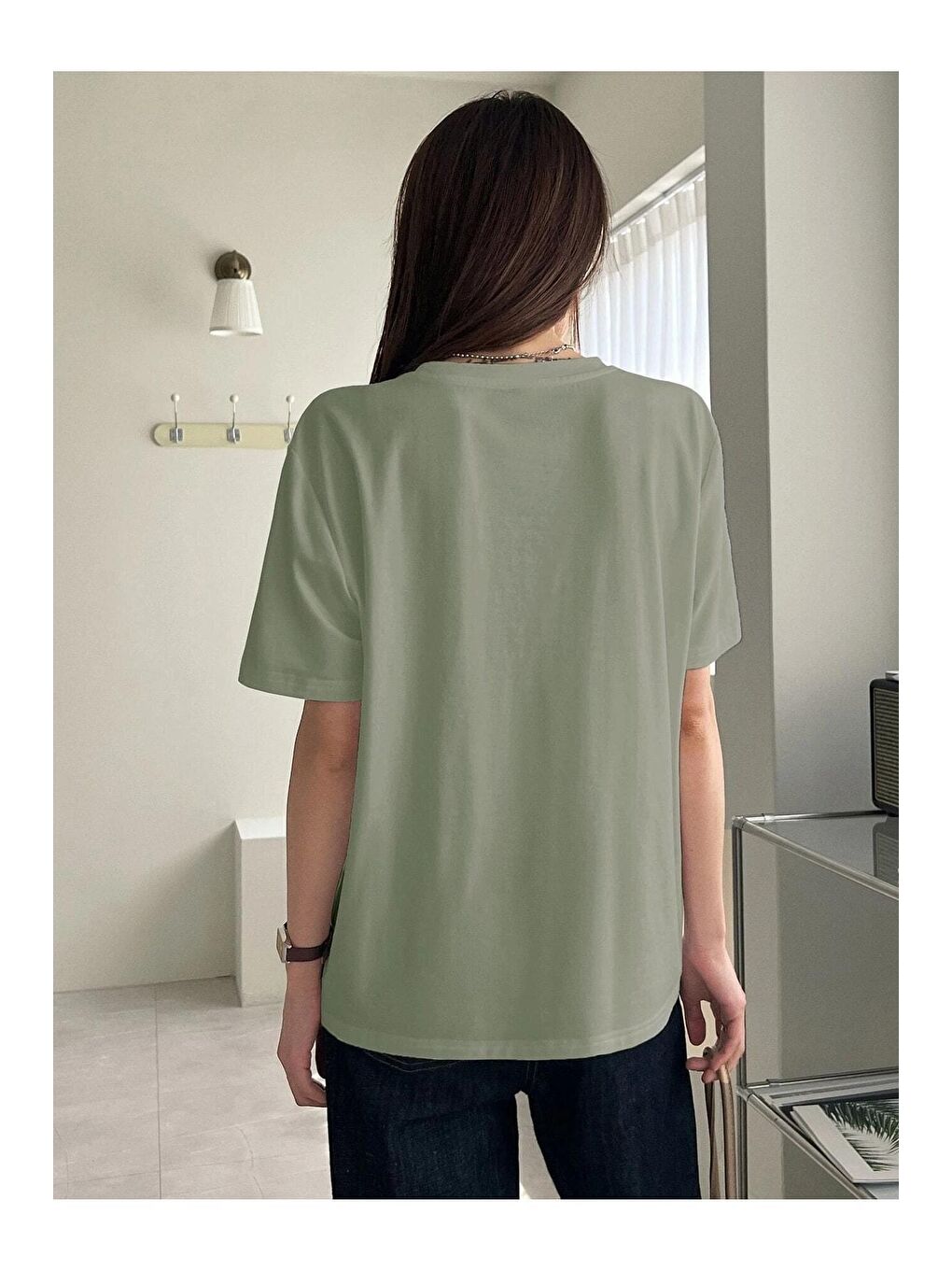 Kadın Çağla Yeşili Çift Heart Baskılı Oversize Tişört-1