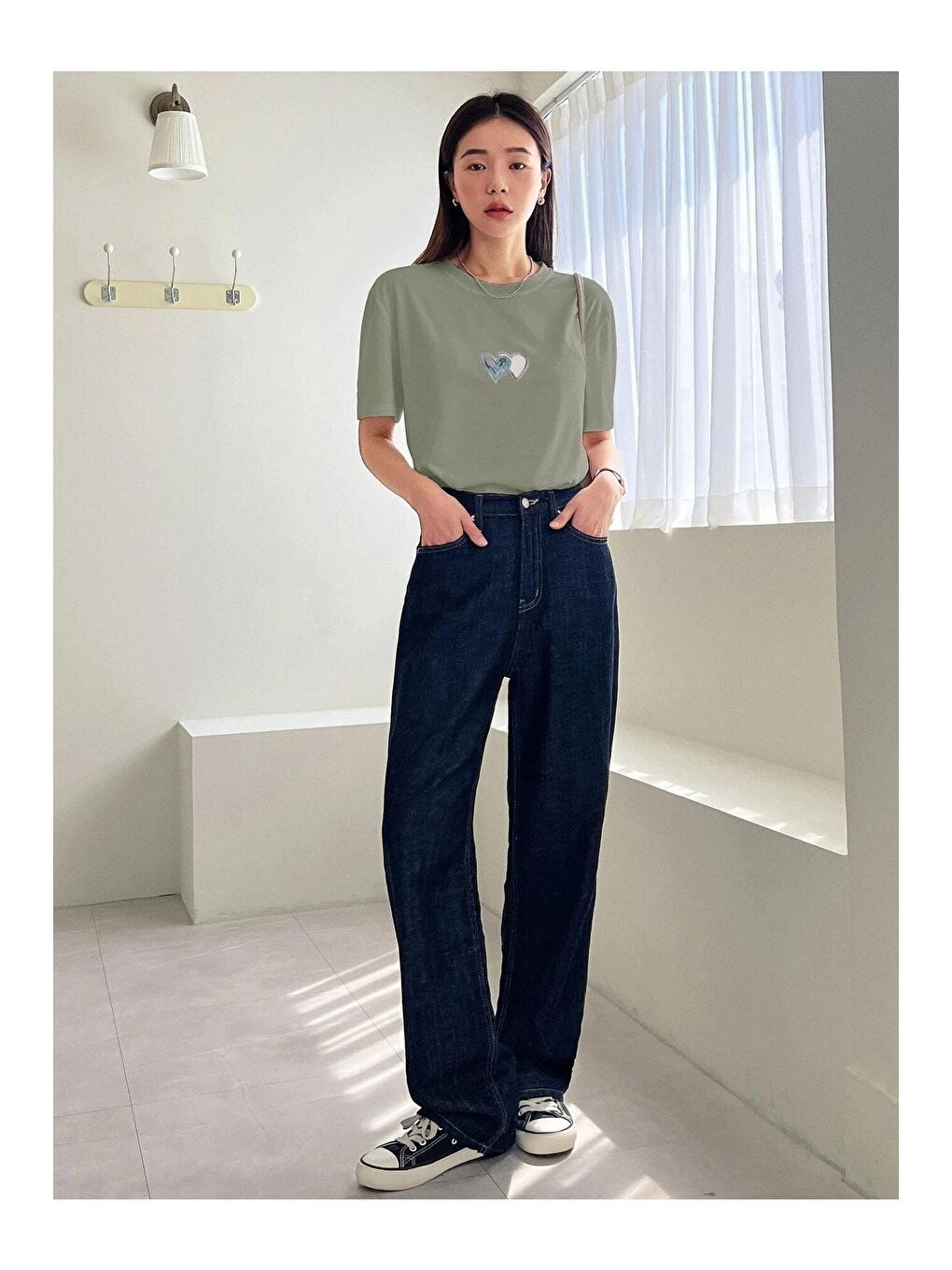 Kadın Çağla Yeşili Çift Heart Baskılı Oversize Tişört-2