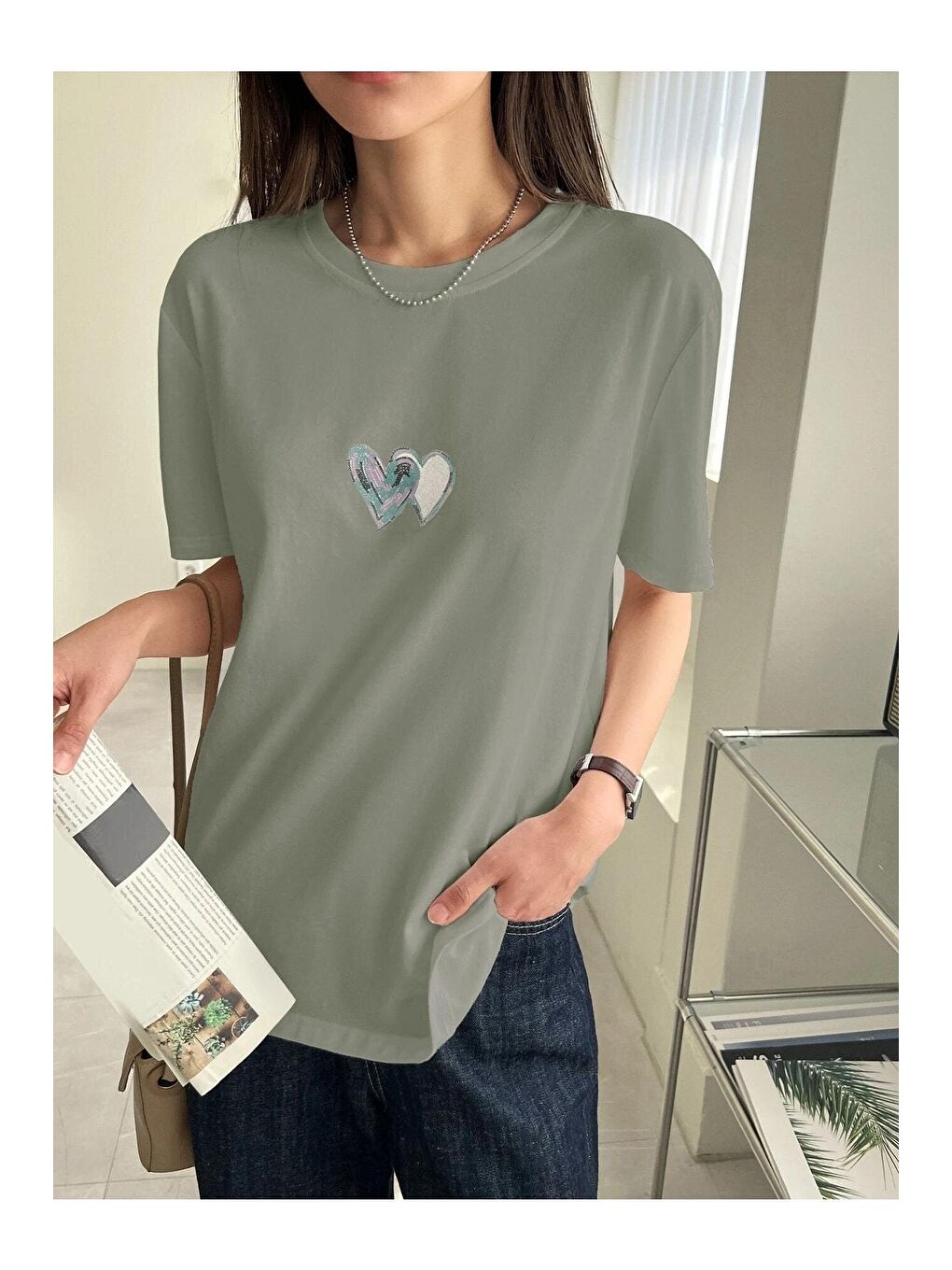 Kadın Çağla Yeşili Çift Heart Baskılı Oversize Tişört-3