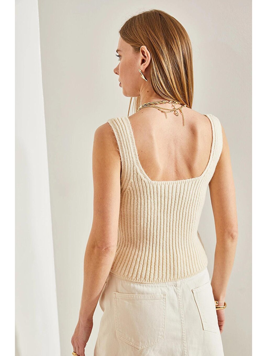 Bej Kadın Askılı Triko Bluz-3