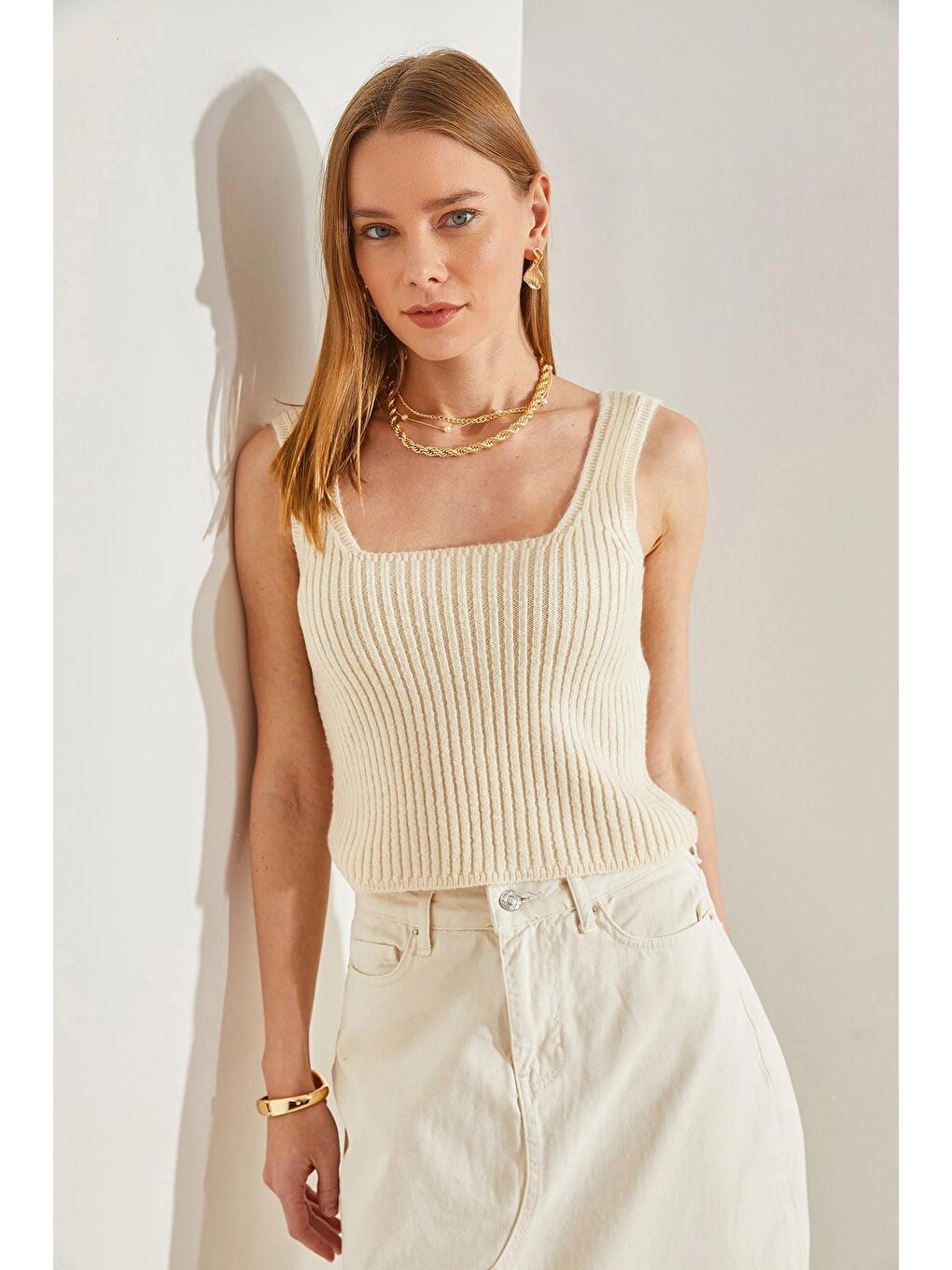 Bej Kadın Askılı Triko Bluz-4