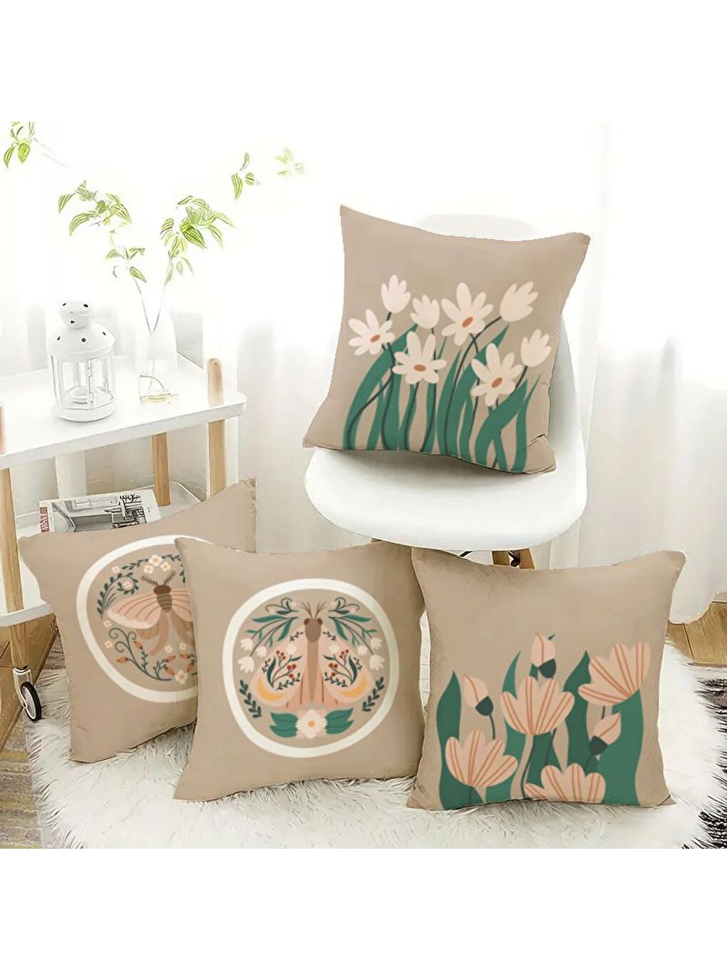 Karışık Bahar Temalı Kadife Kırlent Kılıfı 4'lü Set 43x43 cm Çift Taraf Baskı