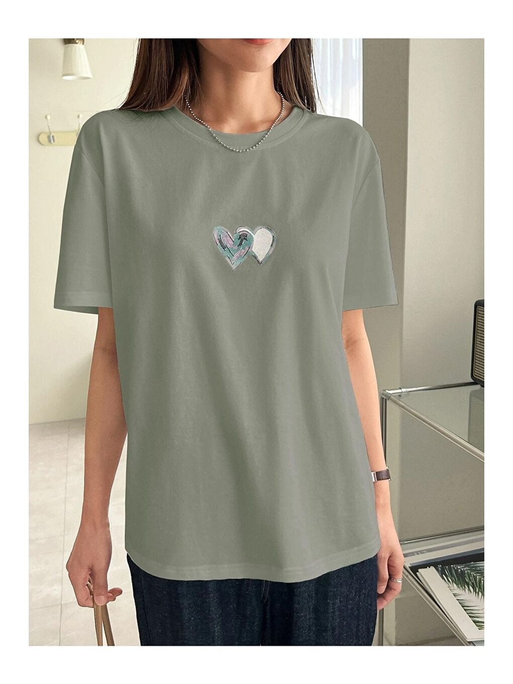 Kadın Çağla Yeşili Çift Heart Baskılı Oversize Tişört-4