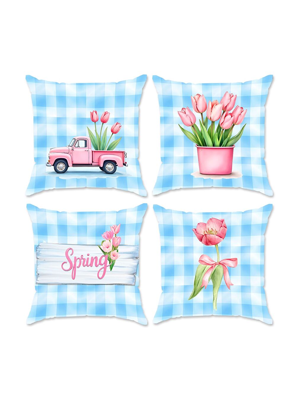 Karışık Bahar Temalı Kadife Kırlent Kılıfı 4'lü Set 43x43 cm Çift Taraf Baskı-1