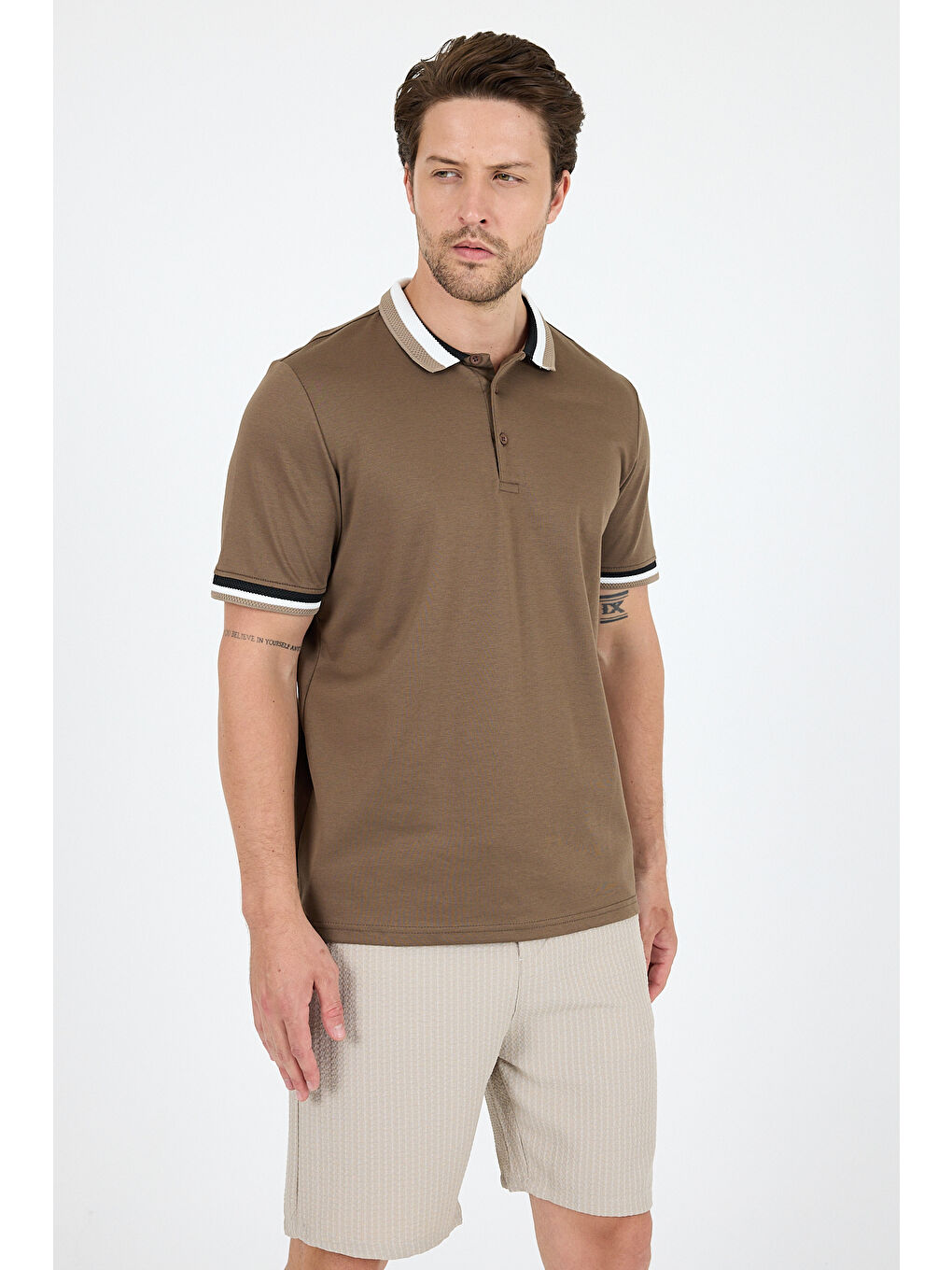 Kahverengi Erkek Amerikan Stil Polo Yaka Tişört , Yazlık Spor Tişört 5030-1